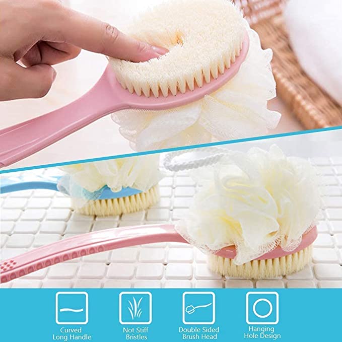 2 in 1 Shower Body Brush with Loofah Sponge & Bristles Back Scrubber